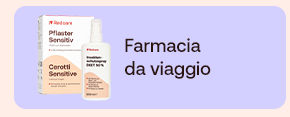 Kit da viaggio Redcare con spray antisettico e cerotti su sfondo lilla, con scritta “Farmacia da viaggio