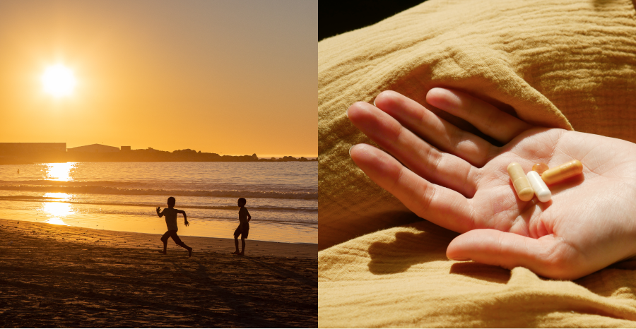 alt="Immagine divisa: a sinistra due bambini corrono sulla spiaggia al tramonto; a destra una mano tiene tre capsule su una coperta gialla."