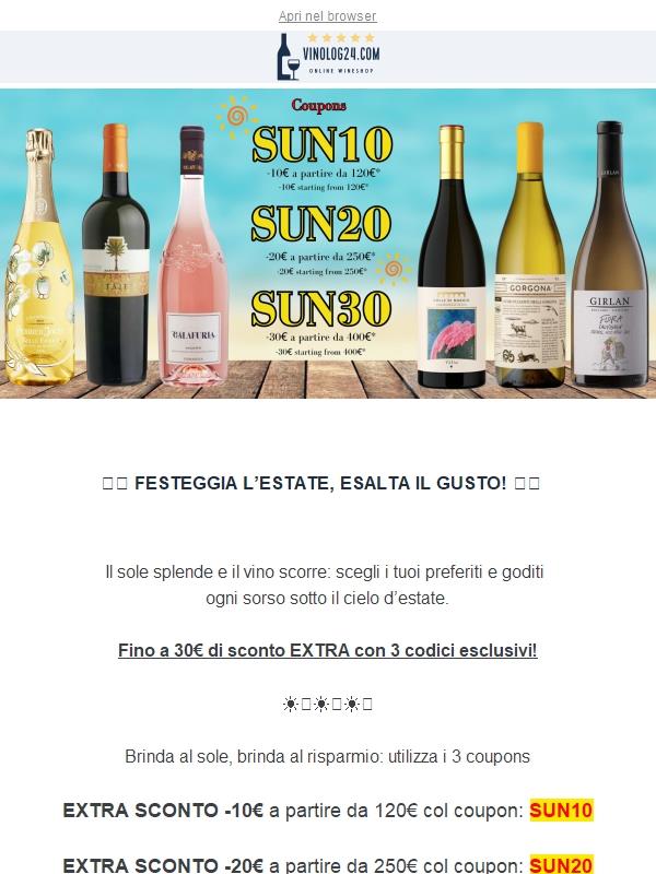 🌊 ESTATE CHIAMA SOLE BRINDISI E BUON UMORE ☀️ fino a 30€ di sconto! 🍷 Approfittane ora!