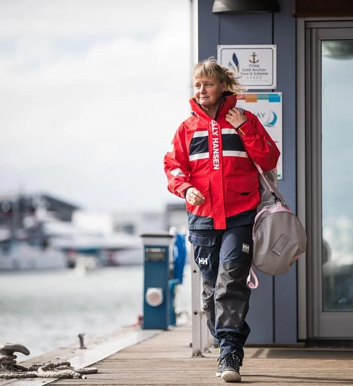 Pip Hare with Helly Hansen duffel bag