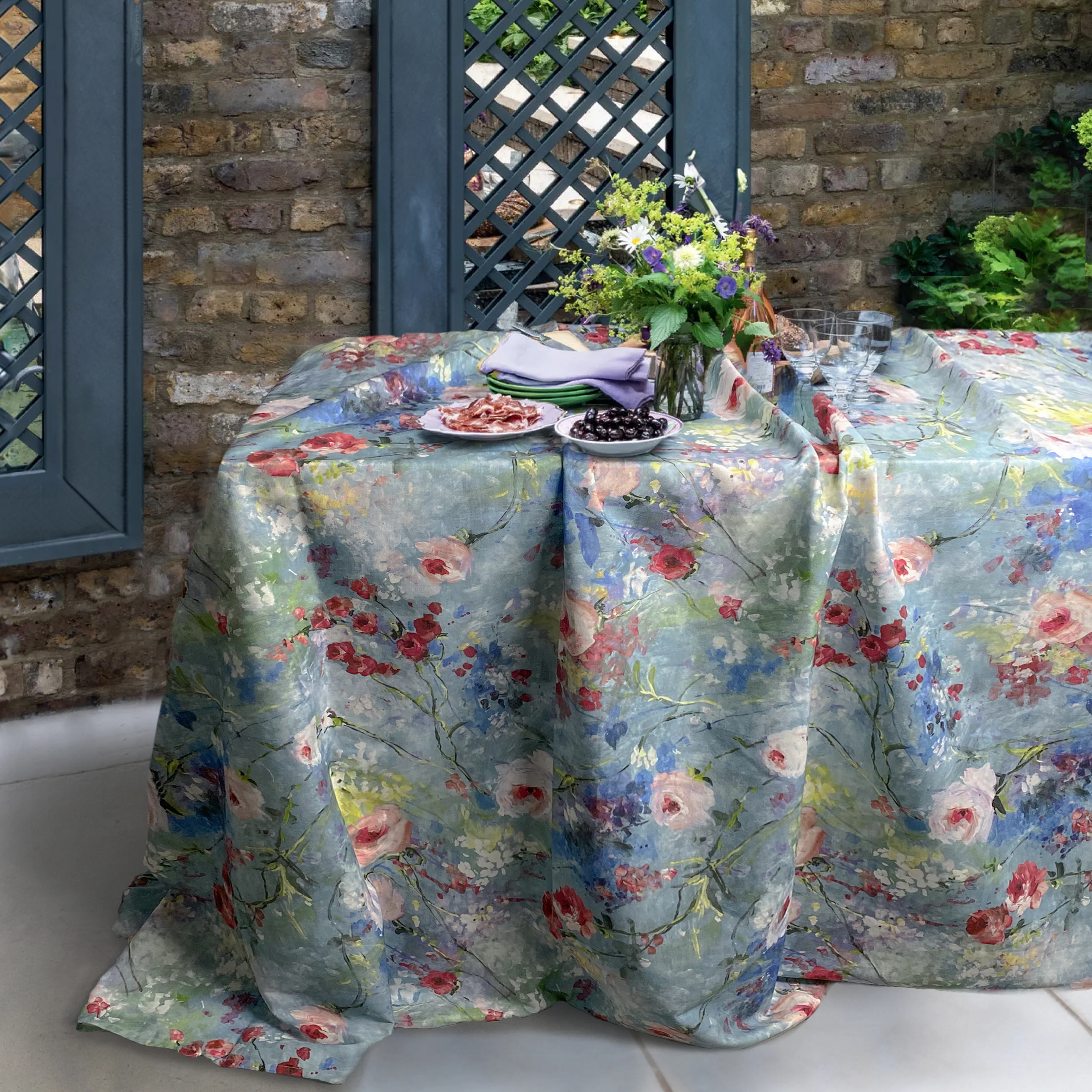Image of Tovaglia in Puro Cotone <br>Fantasia Floreale - Acquerello