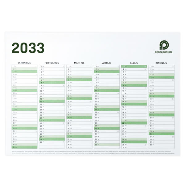 Calendario 2033 con i mesi da gennaio a giugno, i fine settimana e i giorni festivi contrassegnati in verde, logo di Onlineprinters in alto a destra