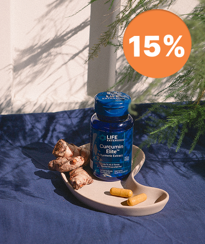 alt="Integratore Curcumin Elite di Life Extension su un vassoio con radici di curcuma e due capsule gialle, etichetta sconto 15 %"