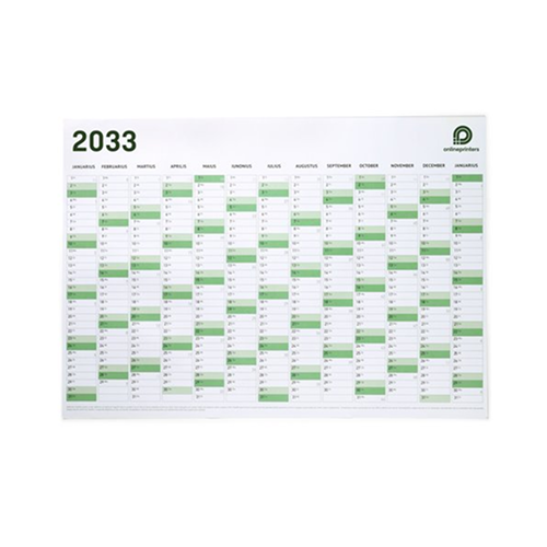 Calendario da parete annuale 2033 con panoramica mensile da gennaio a dicembre, fine settimana e giorni festivi contrassegnati in verde, logo Onlineprinters in alto a destra.