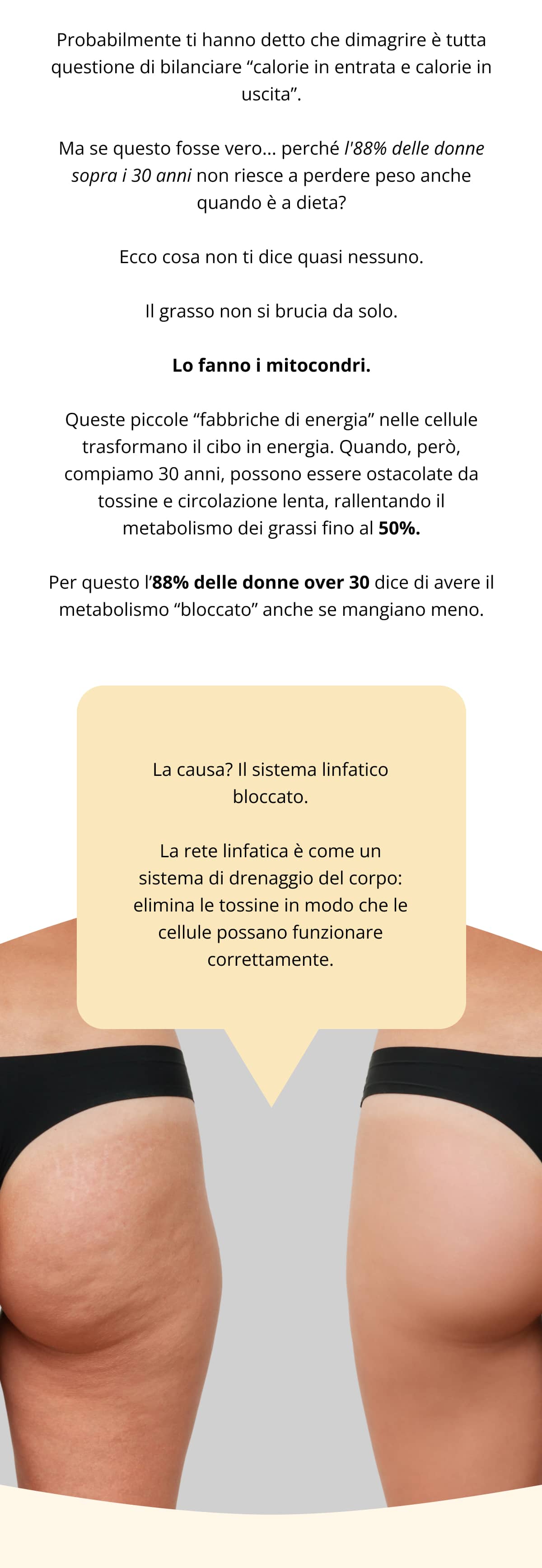 Probabilmente ti hanno detto che dimagrire è tutta questione di bilanciare “calorie in entrata e calorie in uscita”. Ma se questo fosse vero... perché l'88% delle donne sopra i 30 anni non riesce a perdere peso anche quando è a dieta? Ecco cosa non ti dice quasi nessuno. Il grasso non si brucia da solo. Lo fanno i mitocondri. Queste piccole “fabbriche di energia” nelle cellule trasformano il cibo in energia. Quando, però, compiamo 30 anni, possono essere ostacolate da tossine e circolazione lenta, rallentando il metabolismo dei grassi fino al 50%. Per questo l’88% delle donne over 30 dice di avere il metabolismo “bloccato” anche se mangiano meno. La causa? Il sistema linfatico bloccato. La rete linfatica è come un sistema di drenaggio del corpo: elimina le tossine in modo che le cellule possano funzionare correttamente.