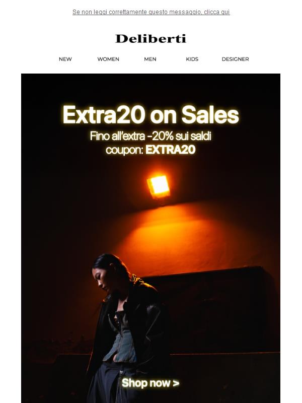 EXTRA20: Fino l'extra -20% sui saldi fino al -40% con coupon EXTRA20