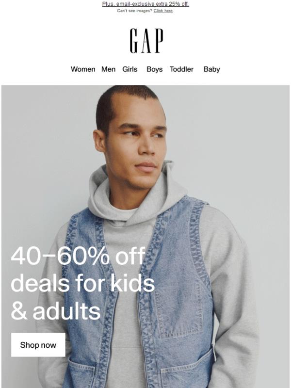 40–60% off deals for kids & adults