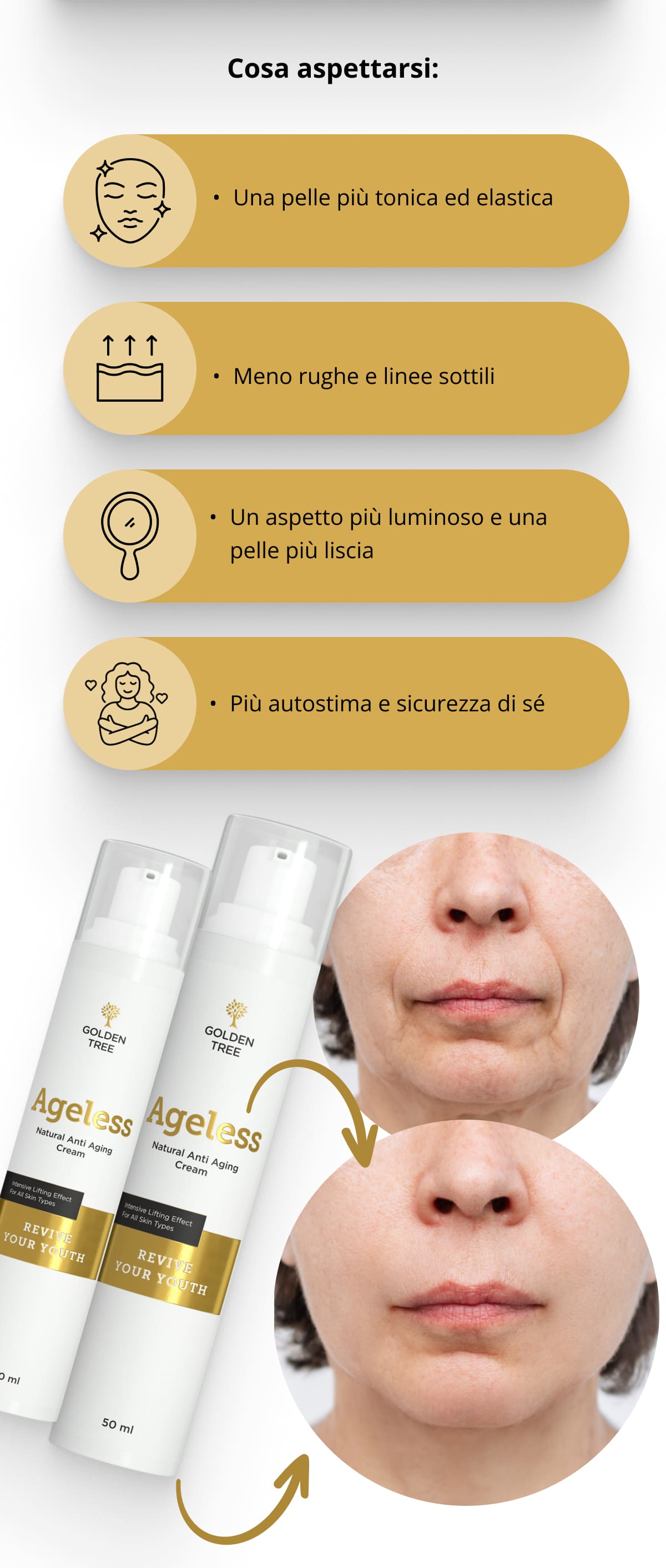 Cosa aspettarsi: Una pelle più tonica ed elastica   Meno rughe e linee sottili   Un aspetto più luminoso e una pelle più liscia   Più autostima e sicurezza di sé
