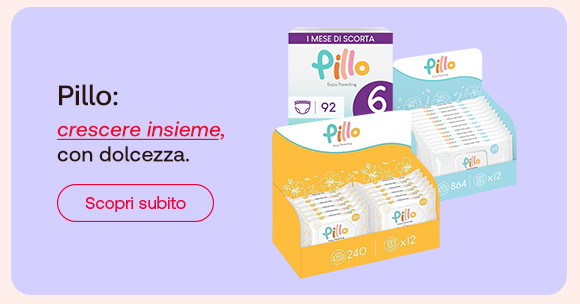 Tre confezioni di pannolini Pillo su sfondo lilla. Testo a sinistra: “Pillo: crescere insieme, con dolcezza.” con pulsante rosso “Scopri subito”.