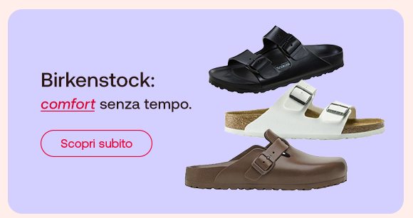 Tre modelli di sandali Birkenstock – uno nero, uno bianco e uno marrone – disposti su sfondo lilla. Testo a sinistra: “Birkenstock: comfort senza tempo.” con pulsante rosso “Scopri subito”.