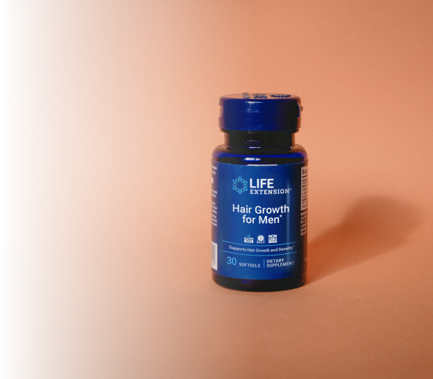alt="Flacone dell'integratore Hair Growth for Men di Life Extension su sfondo color pesca"
