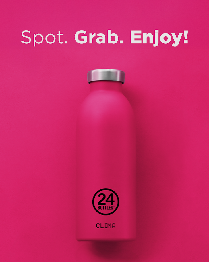 Passion Pink Clima Bottle 500ml stands at the center against a matching pink background. The image features the bold copy 'Spot. Grab. Enjoy!' — a playful reminder that the sale is coming to an end.