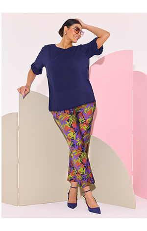 Pantaloni in jersey modello Sienna con foglie, cintura elastica e taglio della gamba aderente