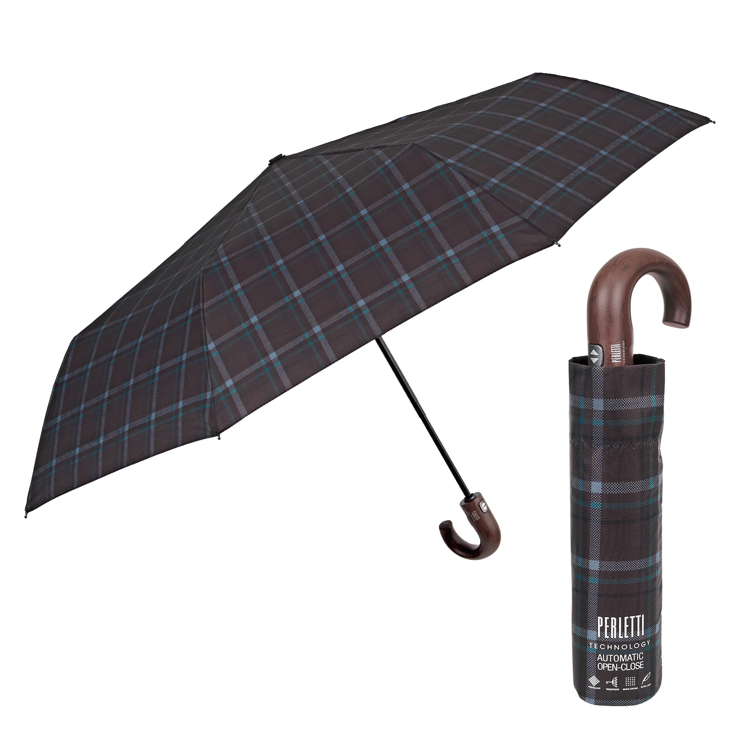 Image of Ombrello Technology Tartan con Manico Curvo