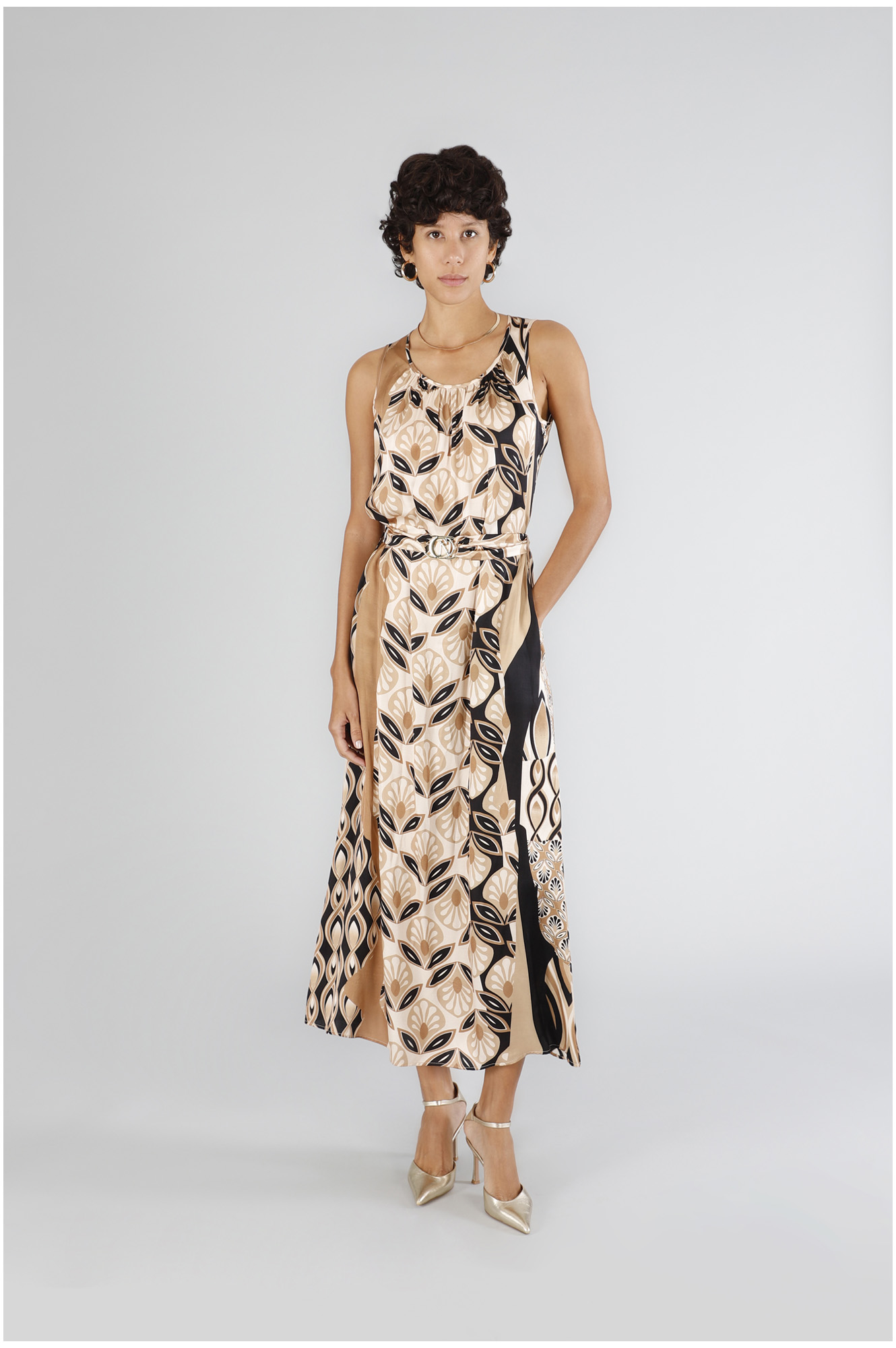 Image of abito lungo in satin stampato foulard multinaturale