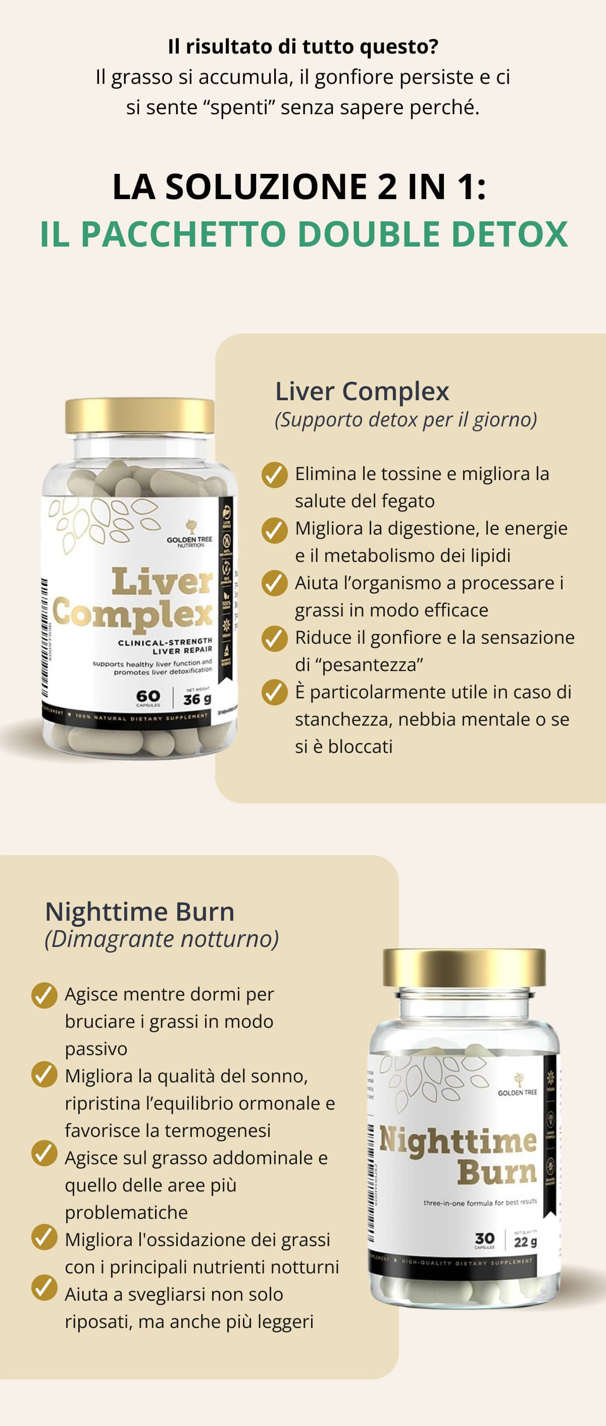 Il risultato di tutto questo? Il grasso si accumula, il gonfiore persiste e ci si sente “spenti” senza sapere perché. LA SOLUZIONE 2 IN 1: IL PACCHETTO DOUBLE DETOX  Liver Complex (Supporto detox per il giorno) Elimina le tossine e migliora la salute del fegato Migliora la digestione, le energie e il metabolismo dei lipidi Aiuta l’organismo a processare i grassi in modo efficace Riduce il gonfiore e la sensazione di “pesantezza” È particolarmente utile in caso di stanchezza, nebbia mentale o se si è bloccati  Nighttime Burn (Dimagrante notturno) Agisce mentre dormi per bruciare i grassi in modo passivo Migliora la qualità del sonno, ripristina l’equilibrio ormonale e favorisce la termogenesi Agisce sul grasso addominale e quello delle aree più problematiche Migliora l'ossidazione dei grassi con i principali nutrienti notturni Aiuta a svegliarsi non solo riposati, ma anche più leggeri
