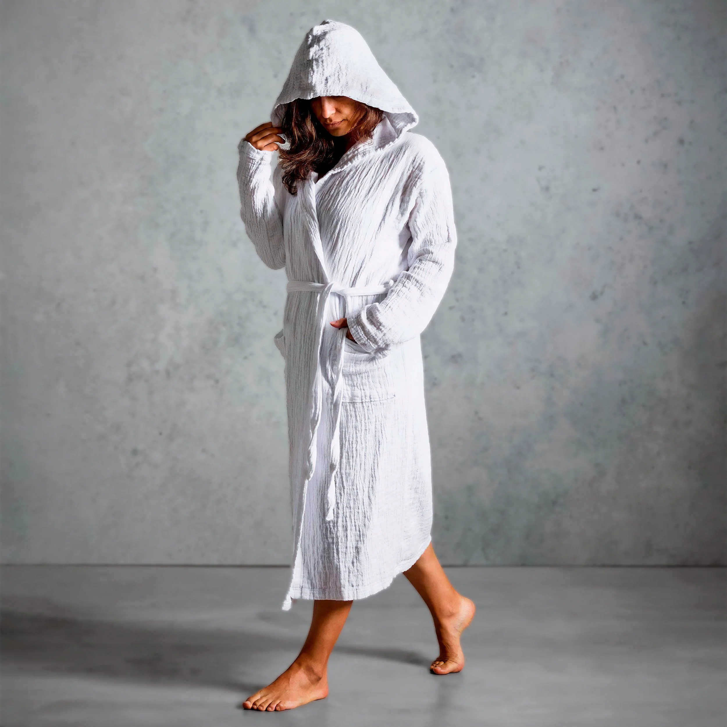 Image of Accappatoio in Cotone Garzato <br>Stonewashed con Cappuccio - Punto