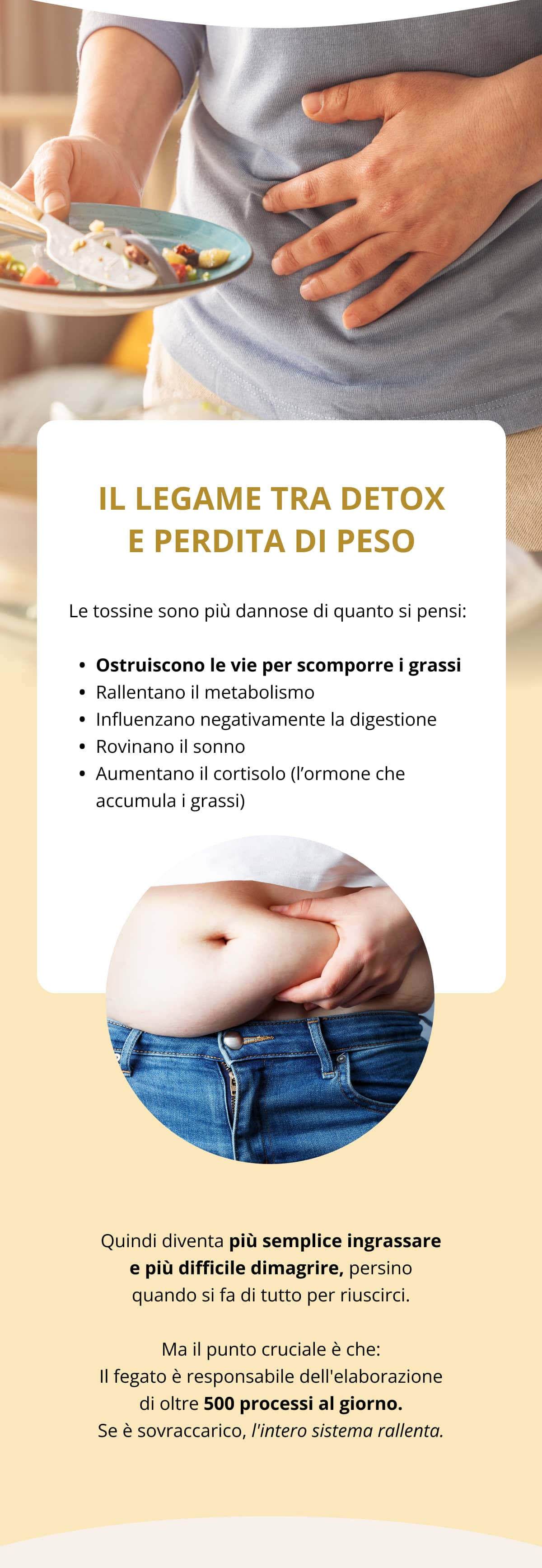 IL LEGAME TRA DETOX E PERDITA DI PESO Le tossine sono più dannose di quanto si pensi: Ostruiscono le vie per scomporre i grassi Rallentano il metabolismo Influenzano negativamente la digestione Rovinano il sonno Aumentano il cortisolo (l’ormone che accumula i grassi) Quindi diventa più semplice ingrassare e più difficile dimagrire, persino quando si fa di tutto per riuscirci. Ma il punto cruciale è che: Il fegato è responsabile dell'elaborazione di oltre 500 processi al giorno. Se è sovraccarico, l'intero sistema rallenta.