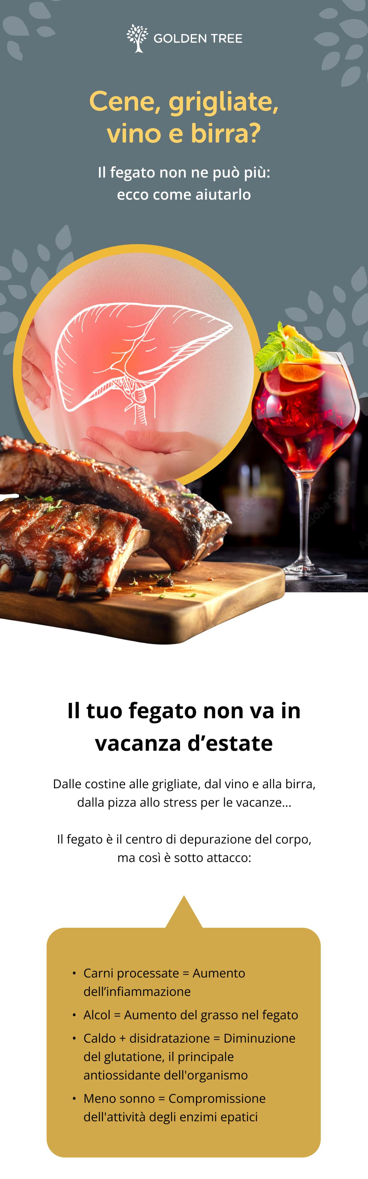 Cene, grigliate, vino e birra? Il fegato non ne può più: ecco come aiutarlo   Il tuo fegato non va in vacanza d’estate Dalle costine alle grigliate, dal vino e alla birra, dalla pizza allo stress per le vacanze... Il fegato è il centro di depurazione del corpo, ma così è sotto attacco: Carni processate = Aumento dell’infiammazione Alcol = Aumento del grasso nel fegato Caldo + disidratazione = Diminuzione del glutatione, il principale antiossidante dell'organismo Meno sonno = Compromissione dell'attività degli enzimi epatici