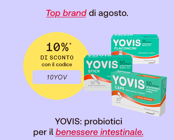 Tre confezioni di integratori Yovis (Flaconcini, Stick e Caps) su sfondo lilla. Testo: “Top brand di agosto”. Cerchio giallo con scritta “10% di sconto con il codice 10YOV”. In basso: “YOVIS: probiotici per il benessere intestinale.” con enfasi evidenziata in rosso.
