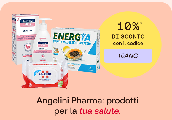 Quattro prodotti Angelini Pharma su sfondo pesca: Tantum Rosa Lenitiva (flacone e confezione), Amuchina Salviette Igienizzanti, e bustine EnergiA Papaya Magnesio e Potassio. A destra, badge giallo con scritta "10% di sconto con il codice 10ANG". In basso, testo: "Angelini Pharma: prodotti per la tua salute." con "tua salute" evidenziato in rosso.