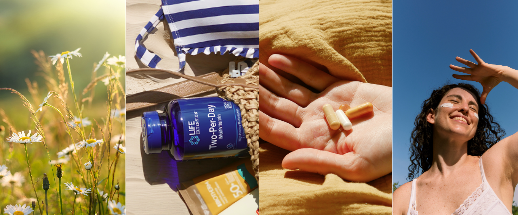 alt="Un collage con fiori di camomilla, una borsa da spiaggia con multivitaminico Two-Per-Day e crema solare, una mano con capsule e una donna sorridente con crema solare sul viso"