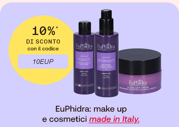 Tre prodotti cosmetici EuPhidra (tonico, detergente, crema viso) su sfondo lilla. A sinistra, cerchio giallo con la scritta "10% di sconto con il codice 10EUP". In basso, testo: "EuPhidra: make up e cosmetici made in Italy" con "made in Italy" evidenziato in rosso.