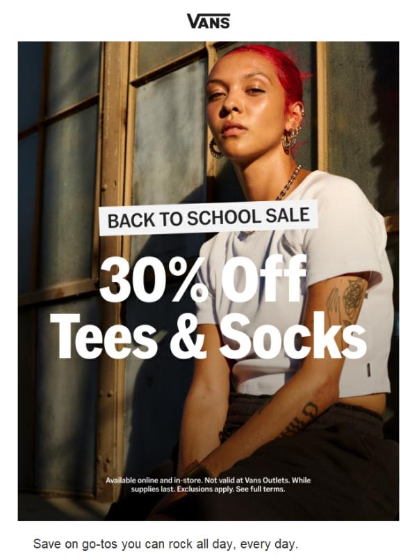30% off tees & socks for everyday wear