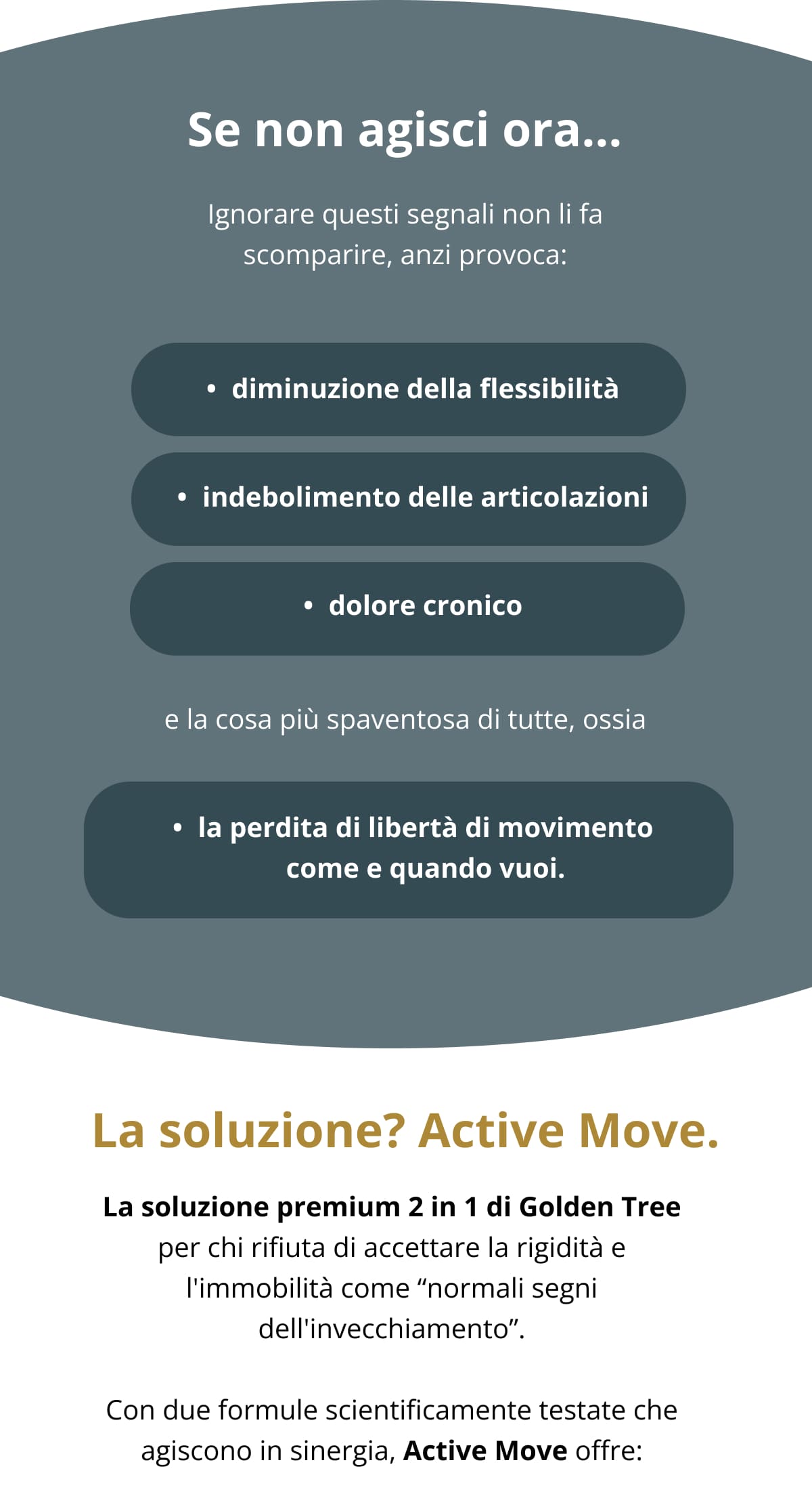 Se non agisci ora... Ignorare questi segnali non li fa scomparire, anzi provoca: diminuzione della flessibilità indebolimento delle articolazioni dolore cronico  e la cosa più spaventosa di tutte, ossia la perdita di libertà di movimento come e quando vuoi.  🚀 La soluzione? Active Move. La soluzione premium 2 in 1 di Golden Tree per chi rifiuta di accettare la rigidità e l'immobilità come “normali segni dell'invecchiamento”. Con due formule scientificamente testate che agiscono in sinergia, Active Move offre: