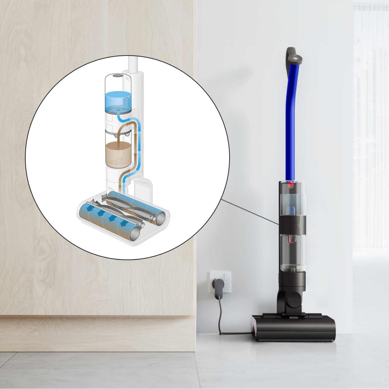 The Dyson WashG1 wet cleaner charging on the dock, plus a diagram illustrates the Self-clean cycle happening inside the machine.