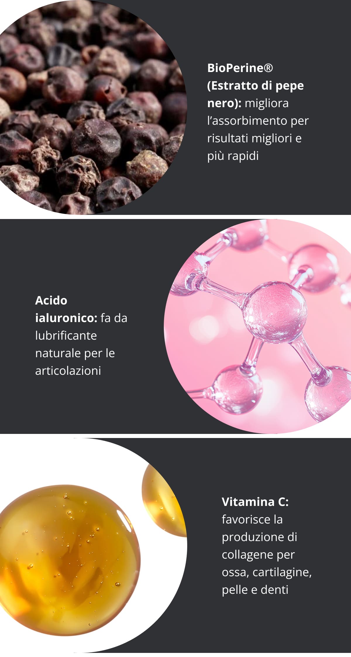 BioPerine® (Estratto di pepe nero): migliora l’assorbimento per risultati migliori e più rapidi Acido ialuronico: fa da lubrificante naturale per le articolazioni Vitamina C: favorisce la produzione di collagene per ossa, cartilagine, pelle e denti