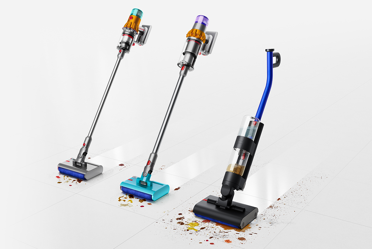 Range of Dyson wet cleaners washing a floor.