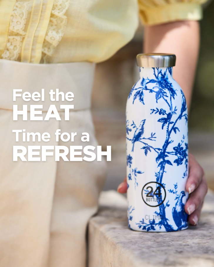 A colourful Clima Bottle stands at the centre, framed by a vibrant, tone-on-tone background that enhances its bold design.