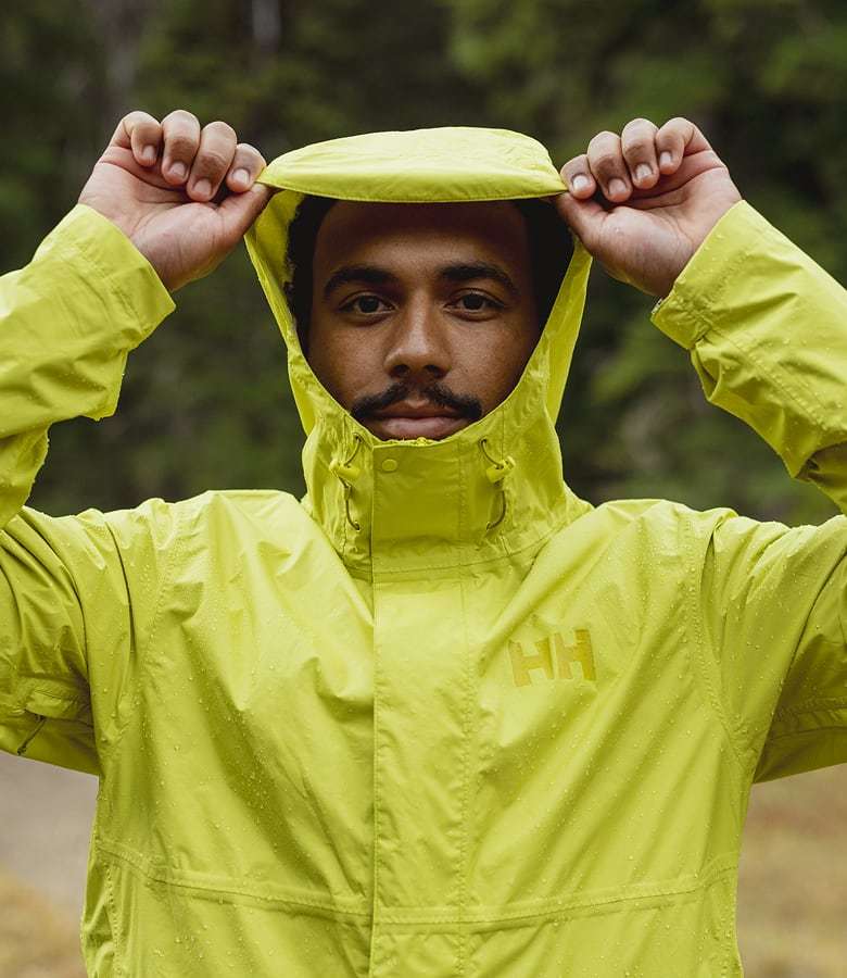 Man wearing Helly Hansen rain jacket