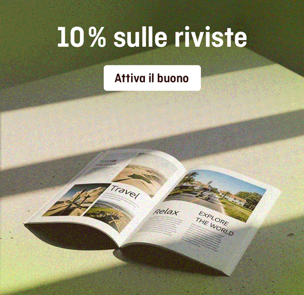 Opuscolo aperto con foto e testi su viaggi e relax, sopra il testo “10% di sconto sugli opuscoli” e il pulsante “Attiva buono”.