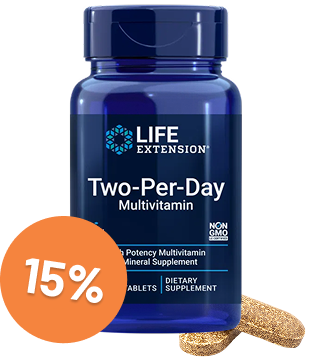 alt="Flacone di multivitaminico Two-Per-Day di Life Extension con compresse e badge sconto del 15%."