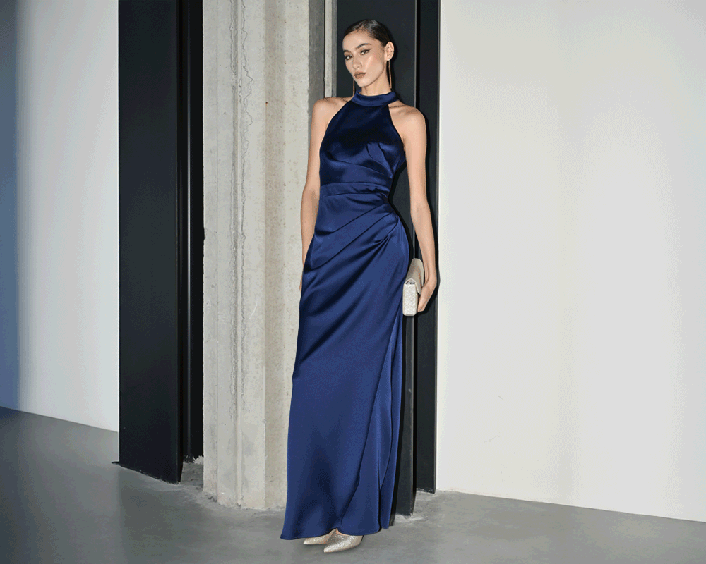Abito lungo in raso Blu