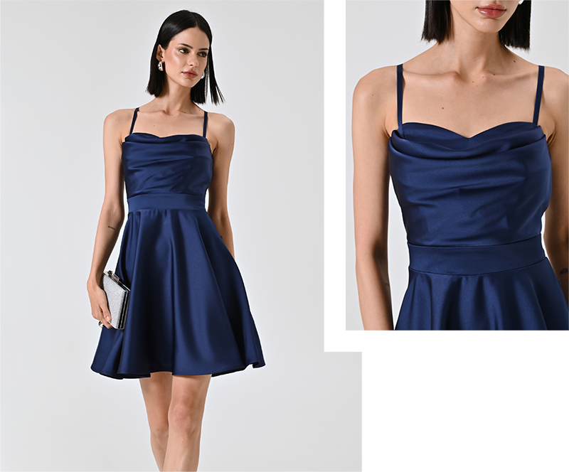 Abito a Ruota Blu con Scollo Drappeggiato 