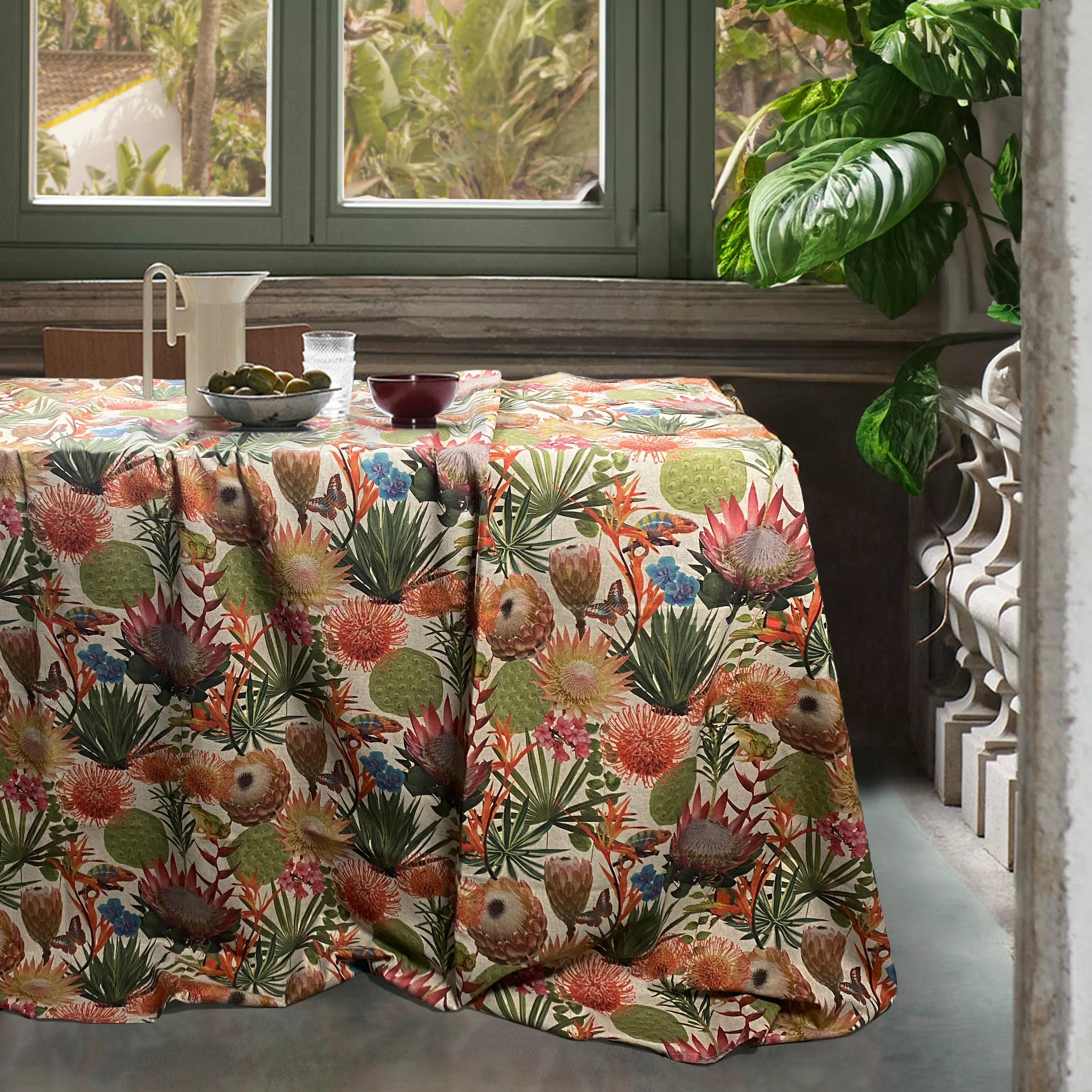 Image of Tovaglia in Puro Cotone <br>Fantasia Floreale - Laguna