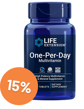 alt="Flacone del multivitaminico One-Per-Day di Life Extension con badge sconto del 15%."