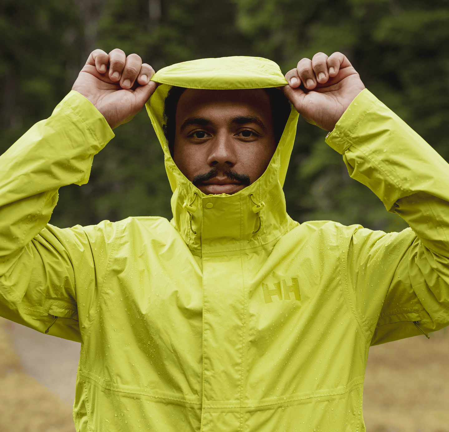 Man wearing Helly Hansen rain jacket