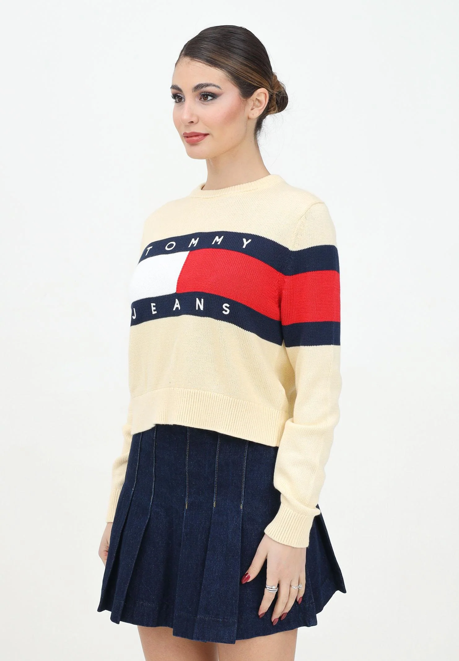 Image of TOMMY JEANS Maglioncino girocollo giallo da donna con bandiera color block