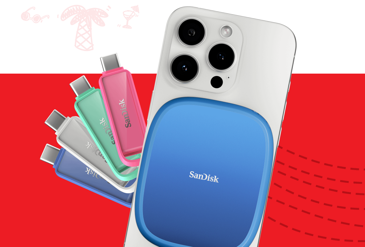 Unità telefoniche SanDisk® in 4 colori con USB-C® e SSD SanDisk® Phone dal design a forma di anguria su iPhone