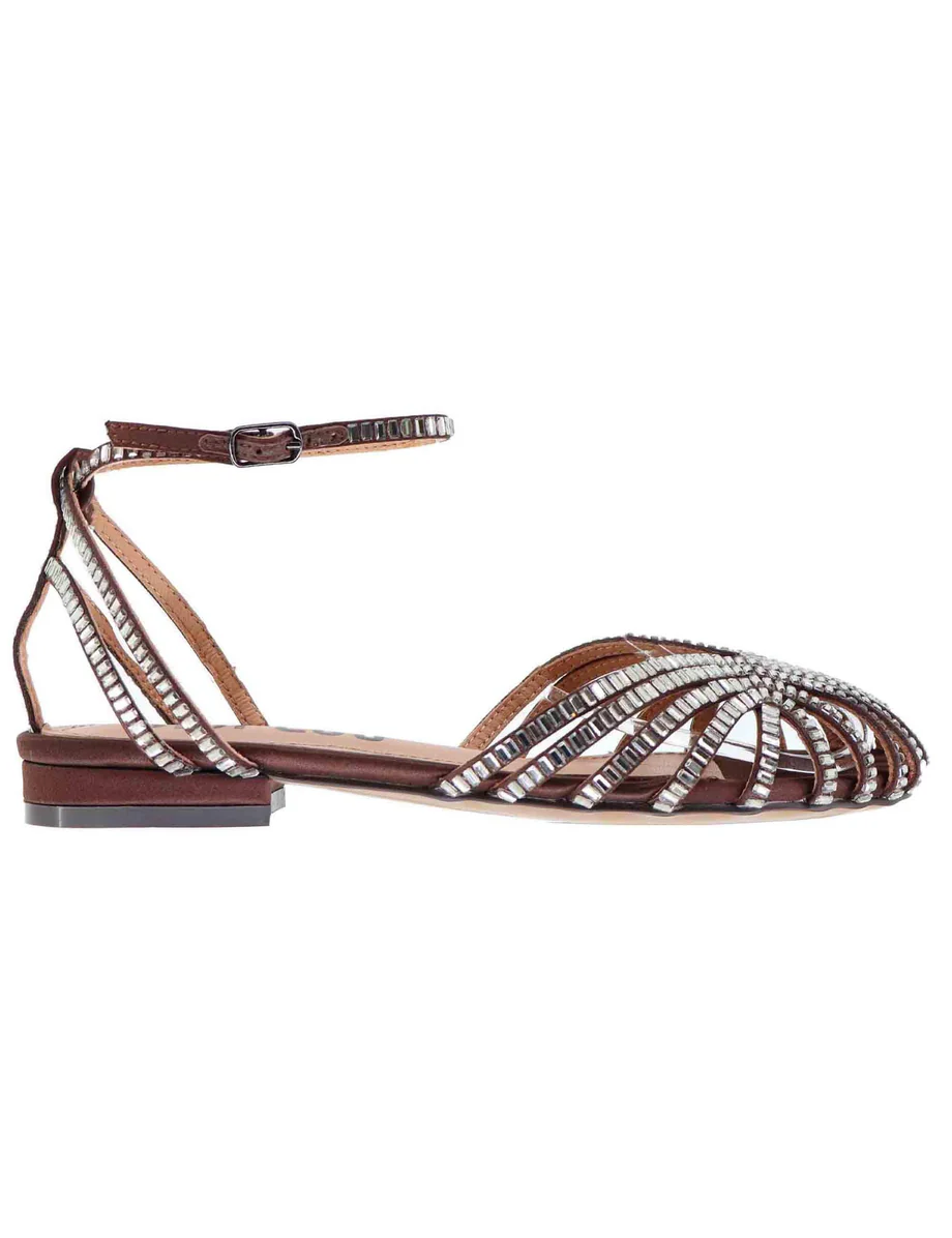 Sandali donna Serabi in tessuto marrone con strass e tacco basso
