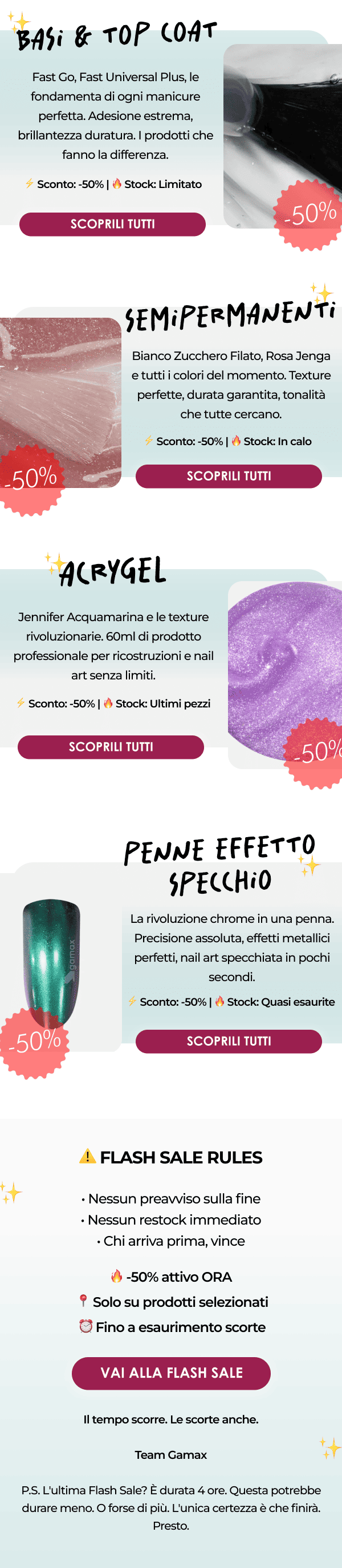 ⚠️ FLASH SALE RULES • Nessun preavviso sulla fine • Nessun restock immediato • Chi arriva prima, vince  LA SALE È LIVE 🔥 -50% attivo ORA 📍 Solo su prodotti selezionati ⏰ Fino a esaurimento scorte [VAI ALLA FLASH SALE →]  Il tempo scorre. Le scorte anche. Team Gamax P.S. L'ultima Flash Sale? È durata 4 ore. Questa potrebbe durare meno. O forse di più. L'unica certezza è che finirà. Presto.