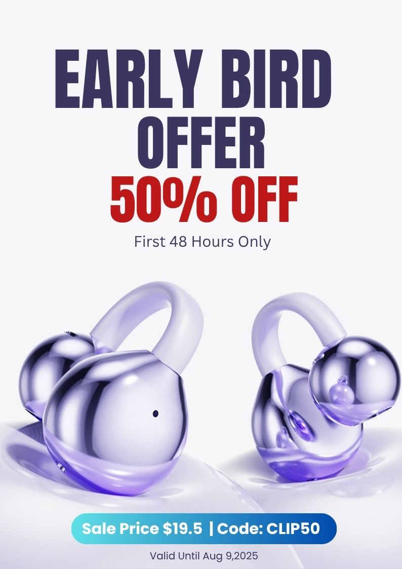 NEW ARRIVAL Padmate ClipGo earbuds showing Dolby-enhanced bass sound
