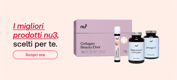 Quattro prodotti benessere nu3 su sfondo rosa chiaro: Collagen Beauty Elixir, Omega-3, Magnesium Complex, Collagen Liquid. A sinistra, testo: “I migliori prodotti nu3, scelti per te.” con “prodotti nu3” evidenziato in rosso. In basso, pulsante rosso “Scopri ora”.