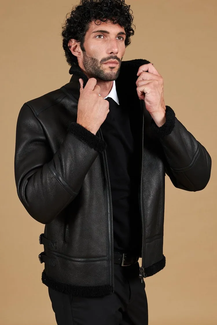Image of Montone shearling nero biker uomo collo camicia con fibbia