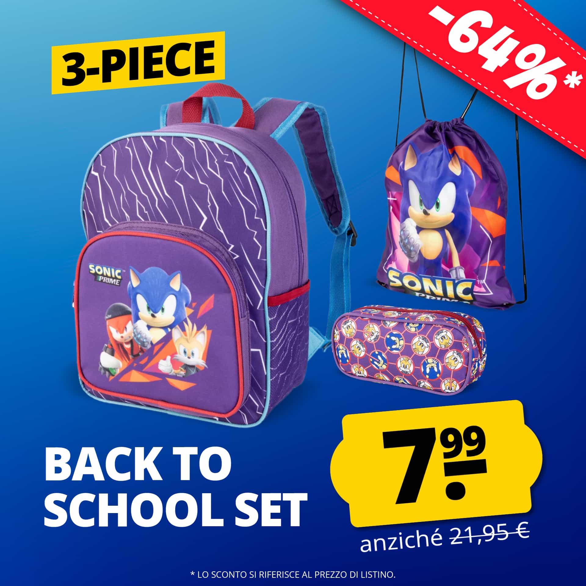 Sonic the hedgehog bambini ritorno a scuola set 3 pezzi