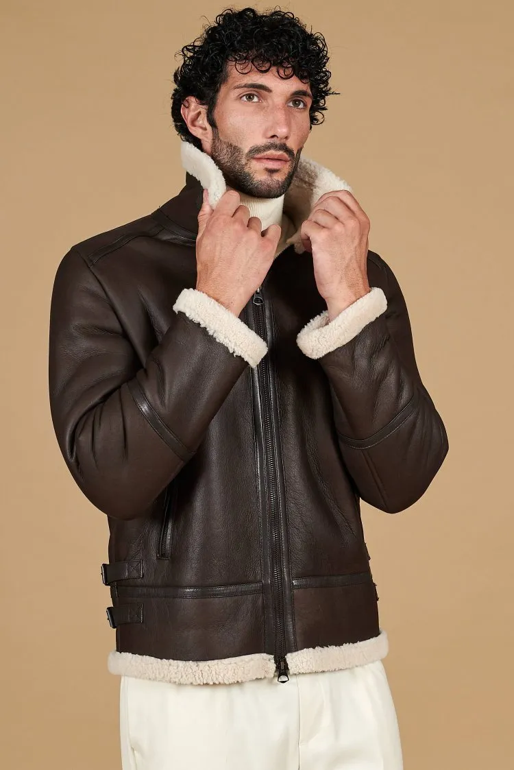 Image of Montone shearling testa di moro biker uomo collo camicia con fibbia